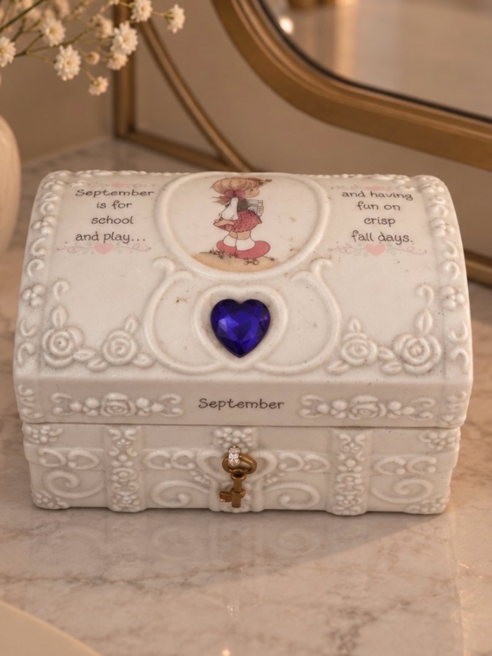 Precious Moments White September Jewelry Box with Purple Heart Gem